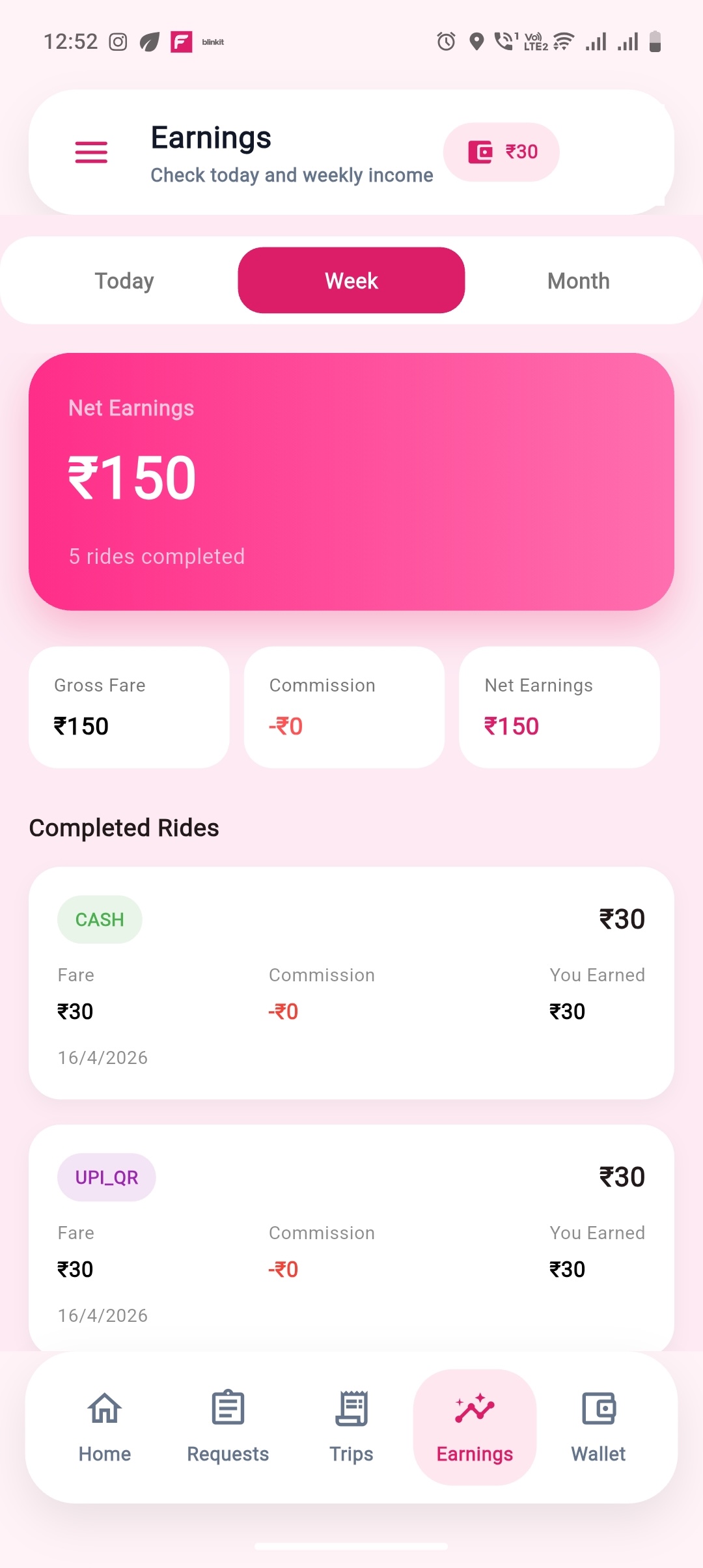 FeminGo rider app earnings screen